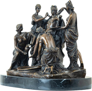 Close-up front detail of bronze Apollo and the Nymphs sculpture showing classical figure grouping