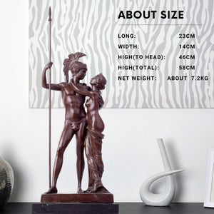 22.8-inch bronze Ares and Aphrodite Greek mythology sculpture with size dimensions showing 7.2kg weight front view