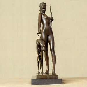 Front full-body view of bronze Artemis goddess and greyhound sculpture with dimension reference on marble base