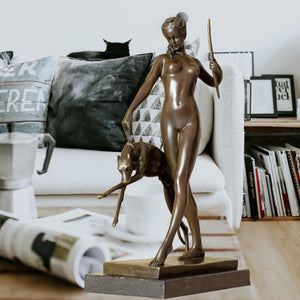 Bronze Artemis huntress statue with greyhound styled as living room coffee table decor