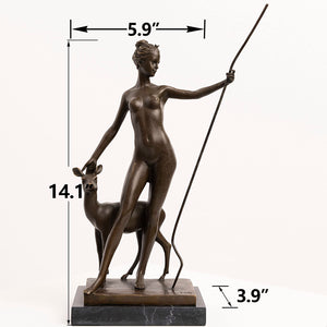 Left side view of bronze Artemis huntress sculpture with deer on marble base