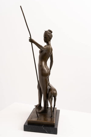 Black marble base detail of 14-inch bronze Greek goddess Artemis statue