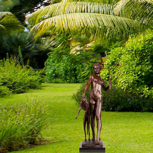 Bronze Artemis mythology statue on display in art gallery interior with paintings