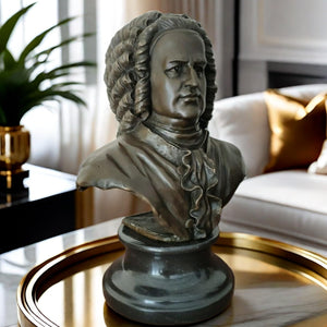 Bronze Bach bust statue displayed in elegant living room interior setting