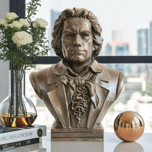 Bronze Beethoven bust statue angle view displayed with gold decorative accent