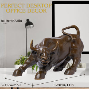 Side profile of handcrafted solid brown bronze Wall Street charging bull