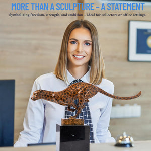 Woman holding 12.6-inch bronze cheetah statue showing human scale size comparison