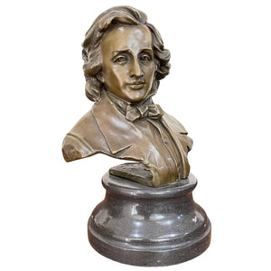 Bronze Frédéric Chopin bust statue front view on white background showing wavy hair detail