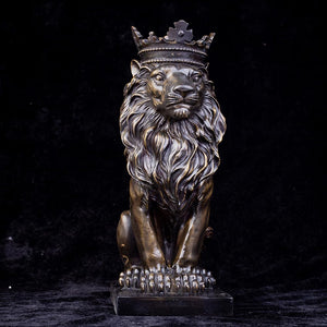 Close-up collage of dark bronze crowned Lion King statue head and crown detail from multiple angles
