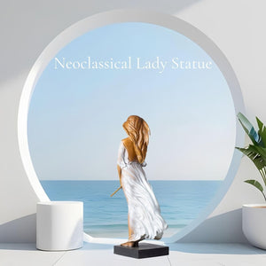 Bronze elegant woman with flute statue side angle circular arch background