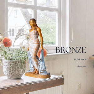 Bronze elegant woman with flute statue front full view gold bronze finish standing