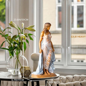 Bronze elegant woman with flute statue back view long flowing hair and gown detail