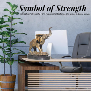 Bronze elephant statue as symbol of strength displayed with indoor floral arrangement lifestyle setting