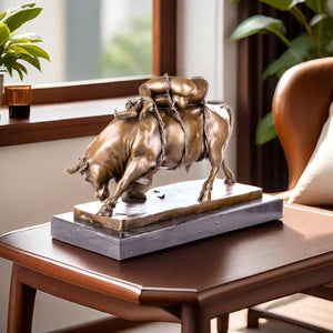 Bronze Europa and the Bull Greek mythology sculpture displayed on indoor wooden table front view