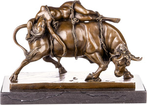Bronze Europa and the Bull sculpture front full body side view on white background showing marble base