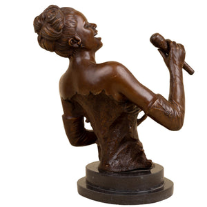 Bronze female singer bust sculpture back view showing hair detail and pose