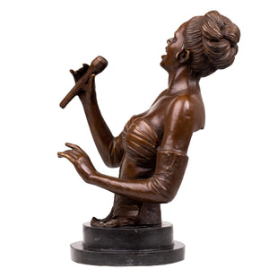 Second bronze female singer bust sculpture with microphone, front view white background