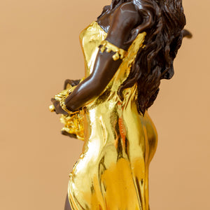 Bronze Fortuna goddess wealth statue royal blue finish back left angle view