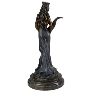 Bronze Fortuna goddess wealth statue royal blue finish back right angle view