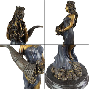 Bronze Fortuna goddess wealth statue royal blue finish size chart 25.2 inch dimensions