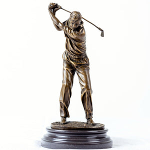 Bronze golfer statue address pose front view marble base