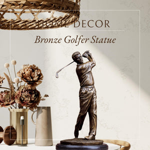 Bronze golfer statue decor display beside flowers vase side table interior