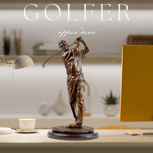 Bronze golfer statue golfer magazine editorial style display dark background