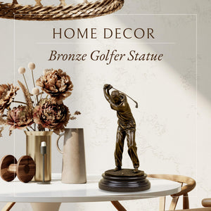 Bronze golfer statue home decor address pose beside flowers vase display
