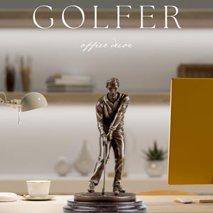 Bronze golfer statue home decor display beside dried flowers vase interior