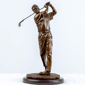 Bronze golfer statue swing follow through pose front view marble base