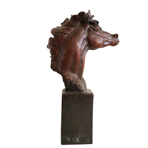 9.6-inch bronze horse head bust sculpture wild mane style on square marble base, front view