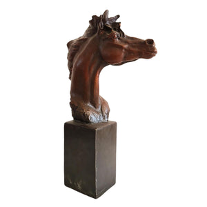 Bronze horse head bust sculpture curly mane style front angle view showing detailed mane texture