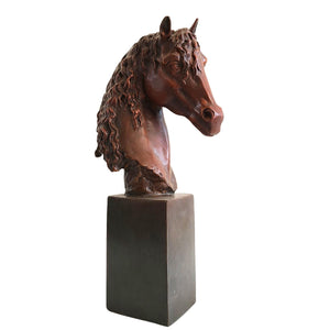 Bronze horse head bust in curly mane style front view on white background, handcrafted equestrian sculpture