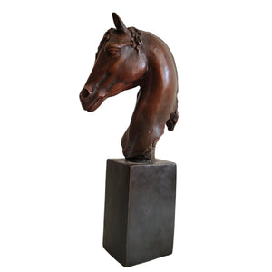 Bronze horse head bust sculpture curly mane style left side view on square marble base