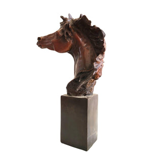 Bronze horse head bust sculpture wild mane style back angle view showing mane and neck detail