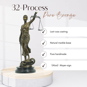 Bronze Lady Justice statue showcasing 32-step pure bronze lost-wax casting craftsmanship process