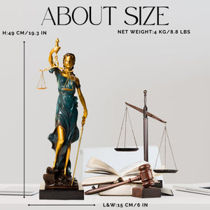 Second size reference of bronze Lady Justice Themis statue showing 19.3 x 6.5 inch measurements