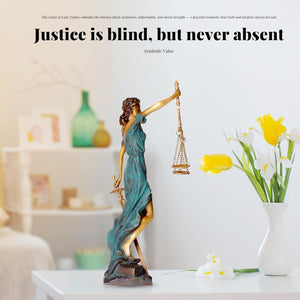 Bronze Lady Justice Themis statue with justice is blind but never absent quote in office display