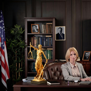 Bronze Lady Justice Themis statue in law office during female lawyer and client consultation meeting
