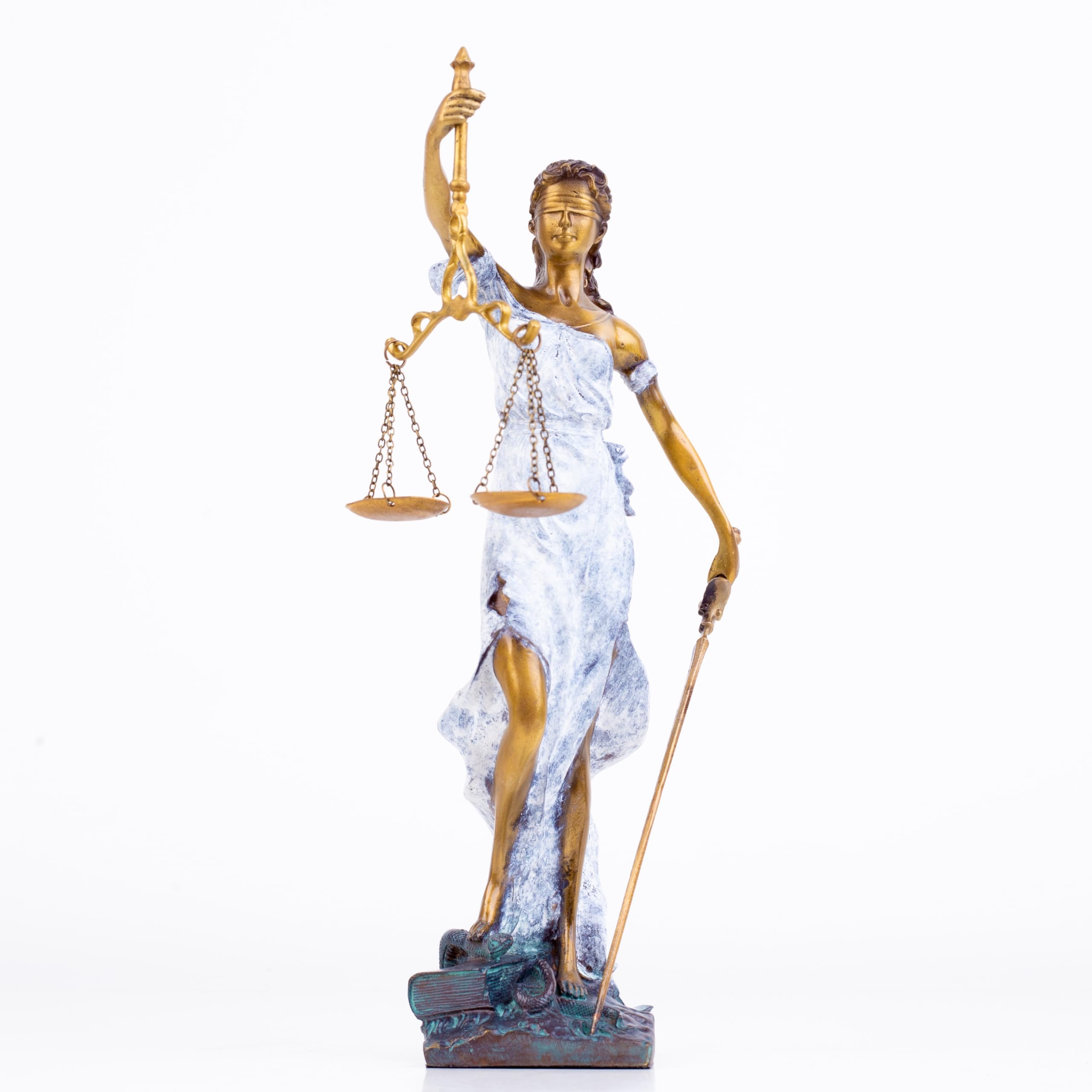 Bronze Lady Justice Themis statue multi-color variant comparison gold teal and red on white background