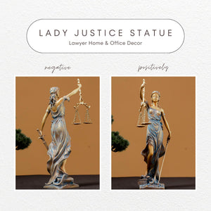 Bronze Lady Justice Themis statue product lineup one showing gold and teal color variants