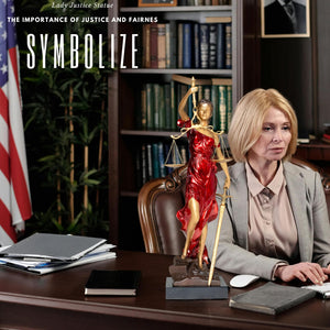 Bronze Lady Justice Themis statue on female lawyer office desk symbolizing justice in law firm setting