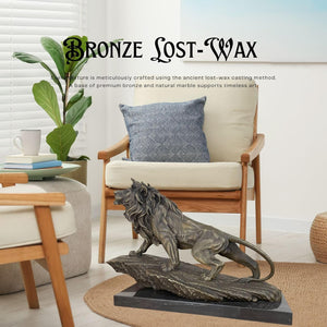 Bronze King of Beasts lion statue showcasing lost-wax cast craftsmanship in modern indoor setting