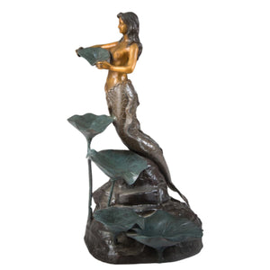 23.6 inch solid bronze mermaid garden sculpture verdigris patina full view white background