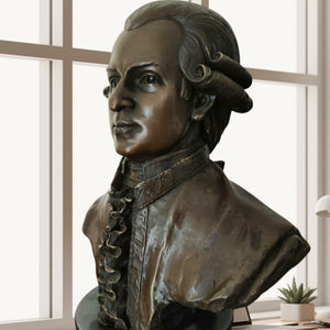 Close-up side view of bronze Mozart bust statue showing period costume collar detail