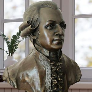 Close-up side view of bronze Mozart bust statue showing period costume collar detail