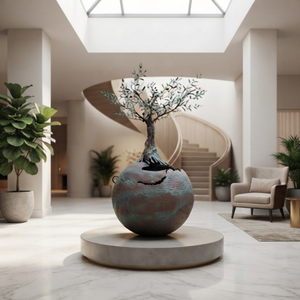 3-meter-tall bronze olive tree earth sculpture on a custom round base in a modern luxury hotel atrium with spiral stairs.