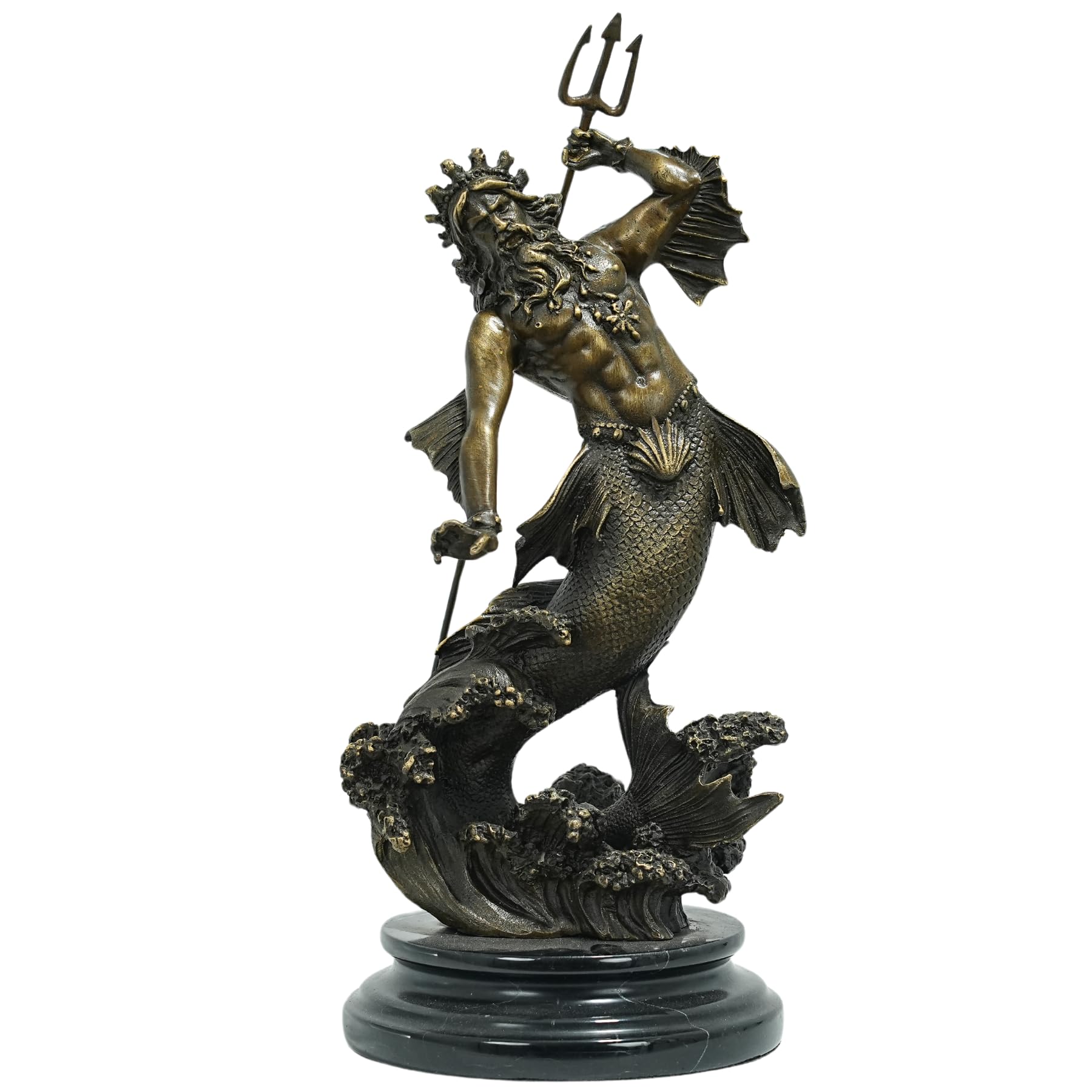 Bronze Poseidon Neptune sculpture dark patina holding trident full view white background