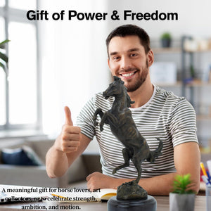 Bronze rearing stallion statue presented as gift of power and freedom in lifestyle setting with man giving thumbs up