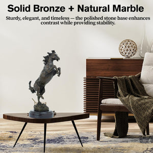 Bronze rearing stallion statue showcasing solid bronze and natural marble base craftsmanship indoors